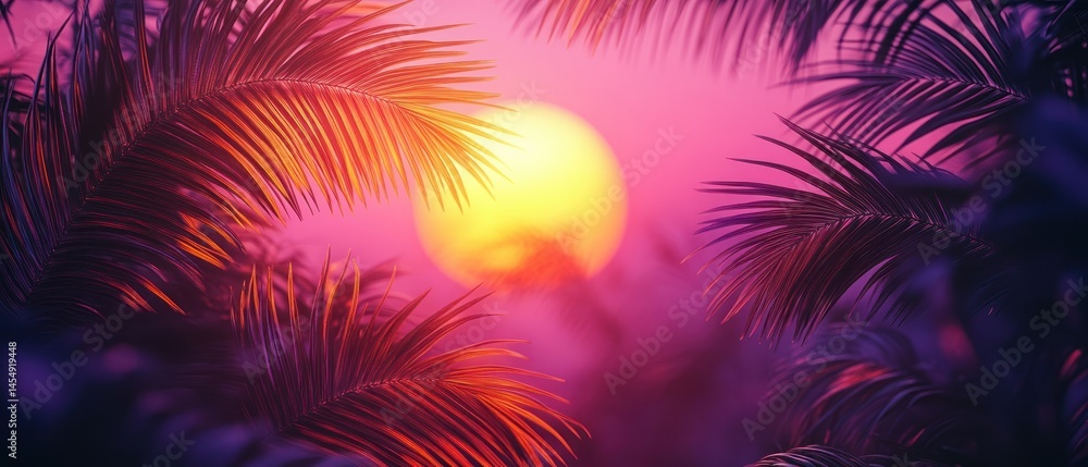 Palm leaves frame sunset, creating vibrant, dreamy composition with pink, orange, and purple hues. Palm leaves frame sunset, creating vibrant, dreamy composition with pink, orange, and purple hues.
