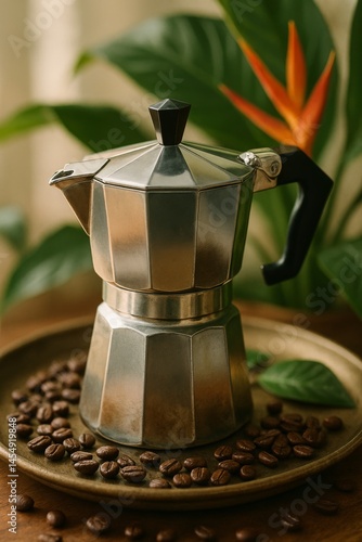Elegant Stovetop Coffee Maker Surrounded by Coffee Beans and Tropical Plants