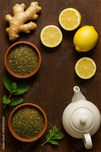 Herbal Tea Preparation With Ginger, Lemon, and Mint on Wooden Surface