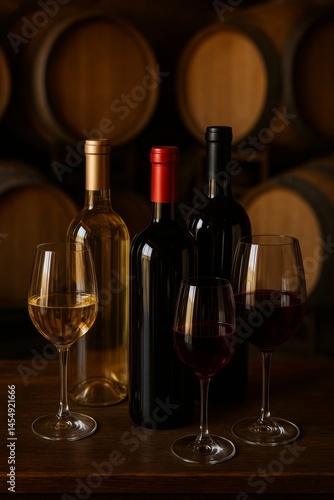 Red and White Wine Bottles and Glasses Displayed in a Rustic Setting With Woo...
