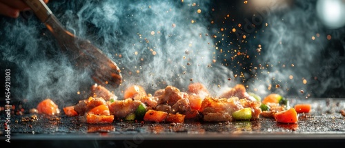 Chef stir-fries meat with vegetables on flat top grill using wooden spatula, generating flavorful steam and spices.