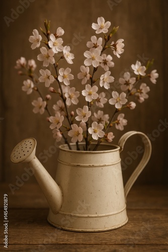 Elegant Flower Arrangement in Vintage Watering Can on Wooden Table