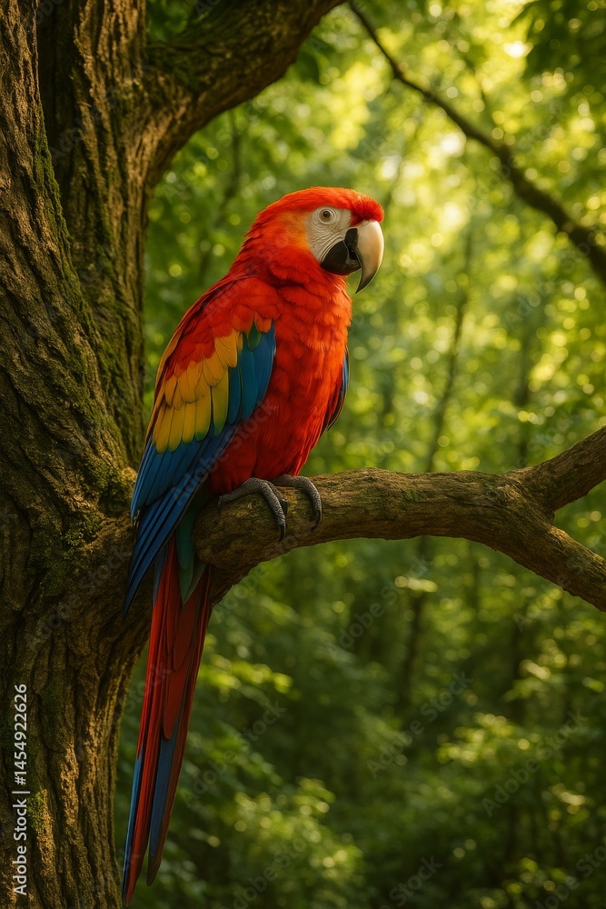 Fototapeta premium Brightly Colored Parrot Perched on a Branch in a Lush Forest During the Day