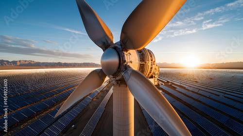 A close-up of a wind turbine with solar panels beneath it under a sunset sky. Suggests sustainable energy and power generation for environmental purposes.