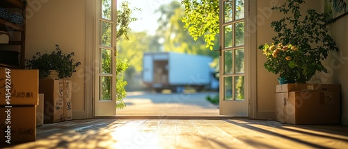 Open doorway reveals moving truck and cardboard boxes, creating atmosphere of new beginnings and domestic transition.