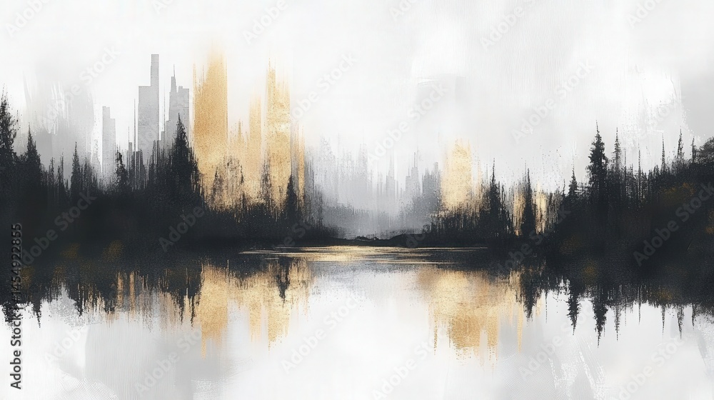 Fototapeta premium Abstract lake painting with textured brush strokes in black, white, grey, beige, and gold accents, showcasing modern contemporary art and neutral color tones.