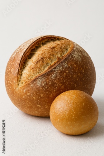 Freshly Baked Bread Loaf and Roll on a Plain Background in Natural Light