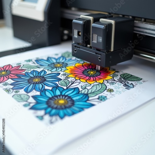 DTF printer head applying vivid ink to transparent film, intricate design details, clean white background