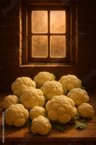 Freshly Harvested Cauliflowers Stacked Near a Rustic Window on a Warm Afternoon
