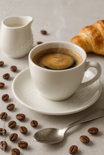 Enjoying a Warm Cup of Coffee and Croissant at a Cozy Cafe in the Morning