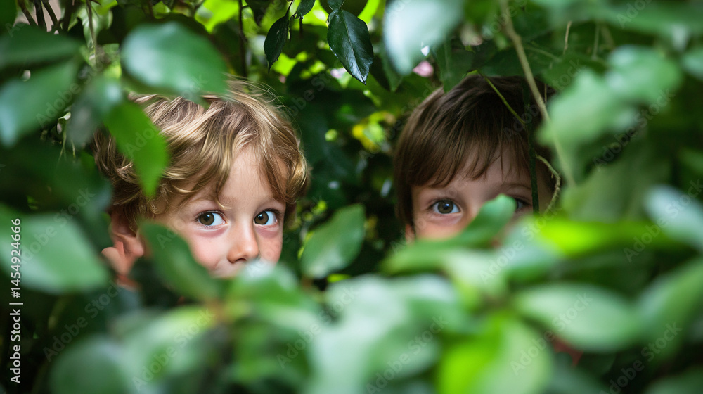 Kids playing hide and seek in a lush green garden. Kids playing hide and seek in a lush green garden.