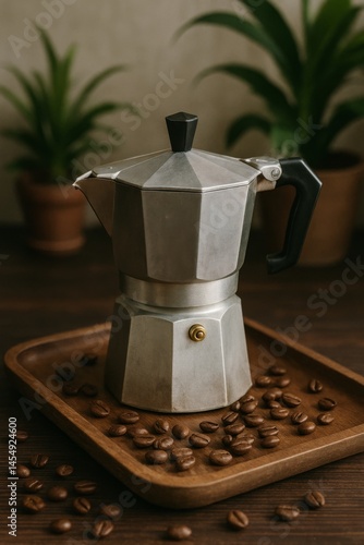 Metal Coffee Maker on Wooden Tray With Scattered Coffee Beans in a Cozy Indoo...