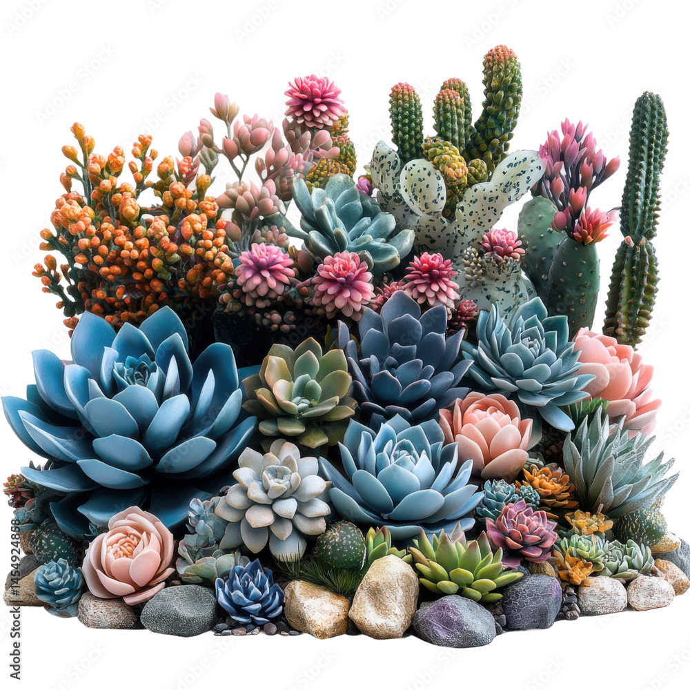 Fototapeta premium Vibrant succulent garden indoor space plant arrangement decor close-up. Isolated on transparent background, png.