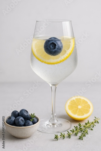 Refreshing Blueberry and Lemon Drink Served With Fresh Fruits and Herbs for S...