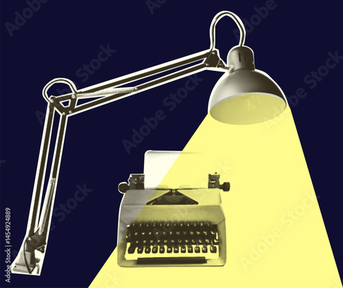 Office lamp and retro typewriter. Vintage bulb equipment. Halftone trendy cut out paper collage element isolated on yellow background, Polka dot pop art style texture Vector illustration