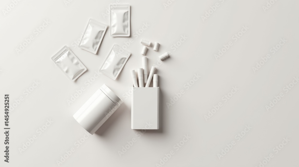 Obraz premium Open nicotine pouch container with white pouches, minimalist layout, subtle flavor icons, clean bright background, no people.
