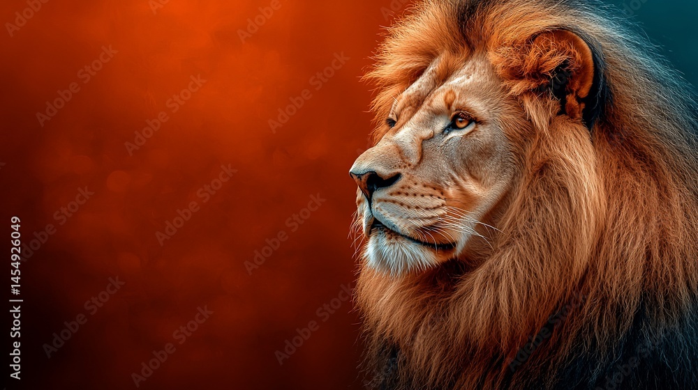 Fototapeta premium Majestic lion portrait against a dramatic sunset background