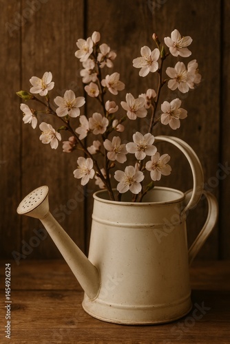 Elegant Flower Arrangement in Vintage Watering Can on Wooden Table