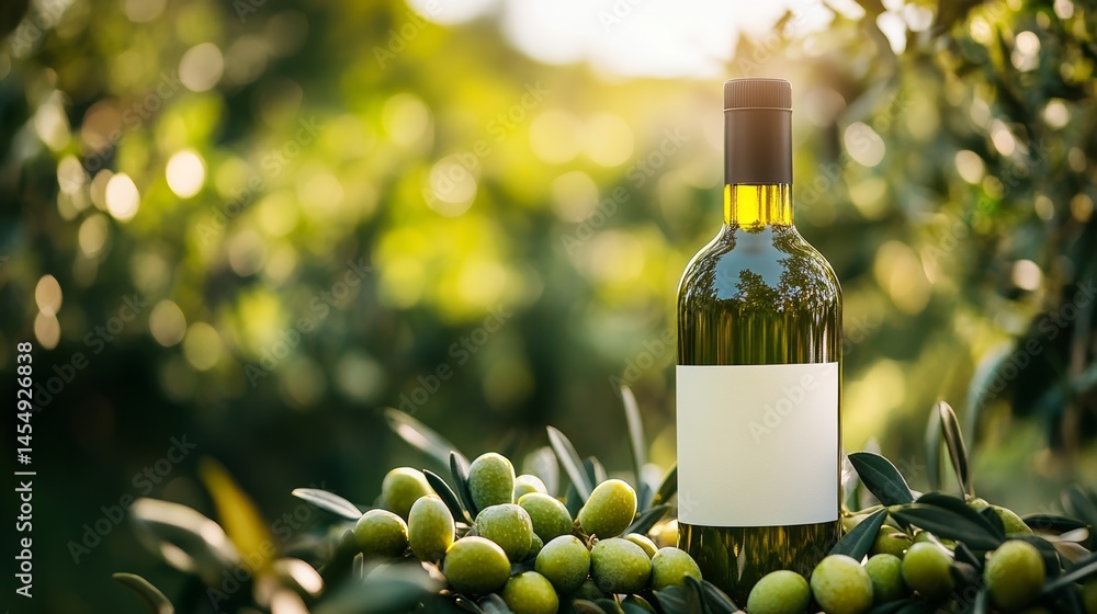 Fototapeta premium Olive Oil and Green Olives in an Outdoor Orchard