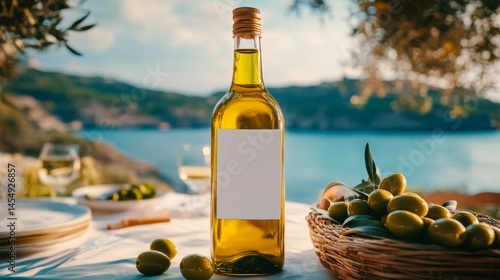 Olive Oil and Green Olives on Outdoor Table Overlooking Coast