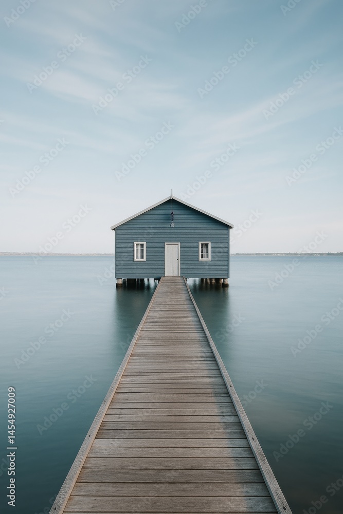 Wooden House on a Pier Overlooking Calm Water Under Clear Skies at Dawn