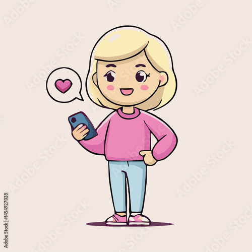 Smiling blonde woman checks her phone while dreaming of love, friendship and romance