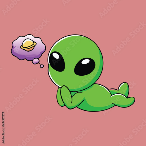 Relaxing green cartoon alien is dreaming of visiting a distant planet far away