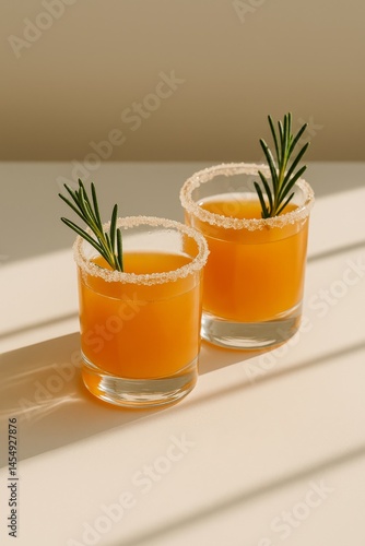 Bright and Refreshing Cocktails Garnished With Rosemary in Natural Light on a...