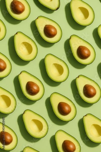 Multiple Halved Avocados Arranged Neatly on a Green Background for a Fresh Cu...
