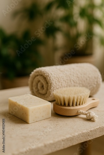 Natural Bath Essentials With Brush, Soap, and Towels Arranged on a Neutral Su...