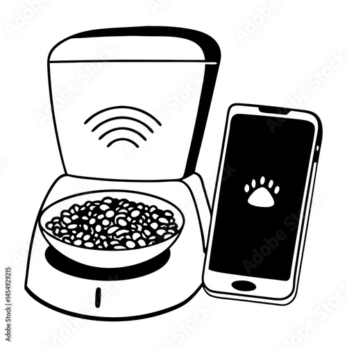 Smart pet feeder with bowl, food icon vector. Automated smart pet feeder logo.
