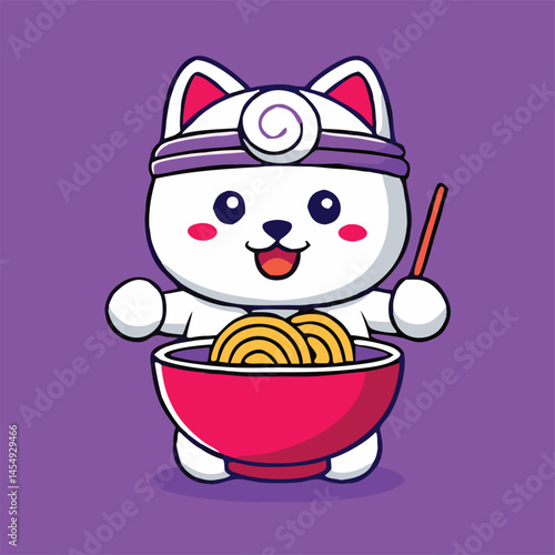 Smiling cartoon cat chef holds a noodle bowl with chopsticks against purple background