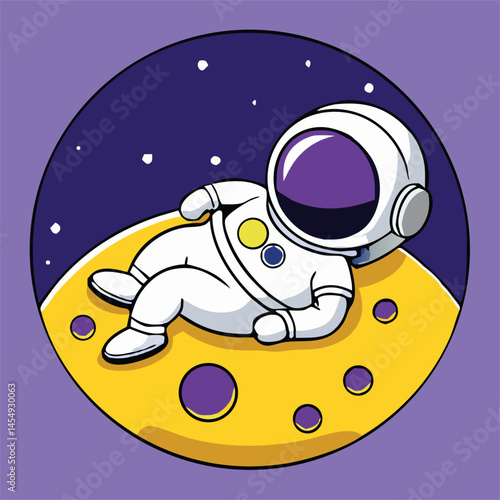 Cartoon astronaut in white suit is resting on the moon in deep space