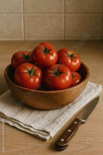 Freshly Harvested Tomatoes Displayed in a Wooden Bowl on a Rustic Kitchen Cou...