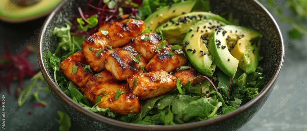 Salad in bowl features grilled chicken, avocado slices, arugula, topped with black sesame seeds. Salad in bowl features grilled chicken, avocado slices, arugula, topped with black sesame seeds.