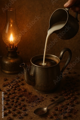 Pouring Warm Milk Into a Vintage Coffee Pot by Lantern Light During a Cozy Ev...