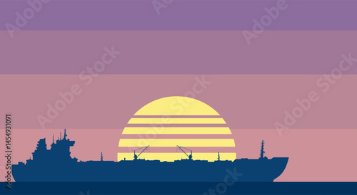 Huge crude oil tanker in the sea. Landscape with commercial supertanker over orange sky with big sun at sunset. Vector illustration