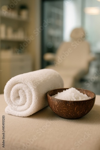 Relaxing Spa Setup With Towels and Bath Salts in a Tranquil Treatment Room En...