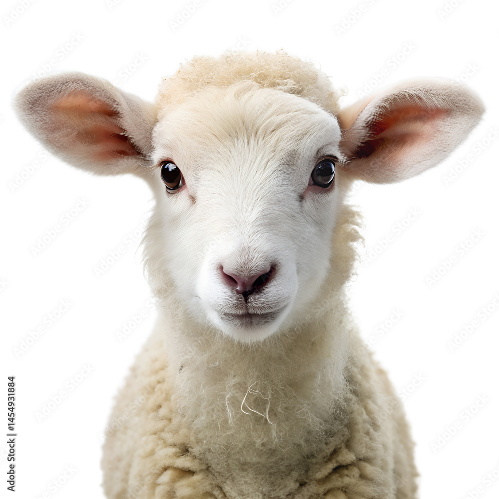 Fototapeta premium Fluffy Lamb Portrait on Plain White Background