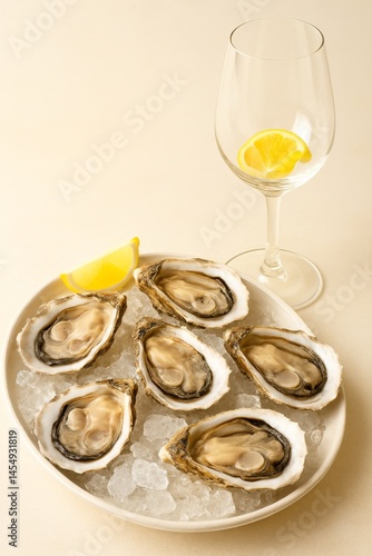 Fresh Oysters Served on Ice With Lemon and a Glass of White Wine in a Casual ...