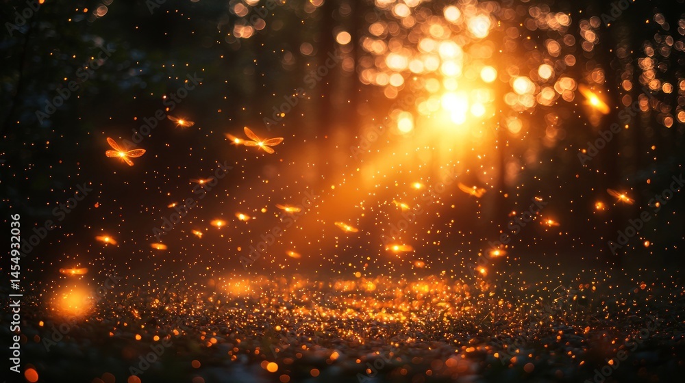Fototapeta premium Enchanted Forest with Fireflies at Dusk Creating a Magical Glow