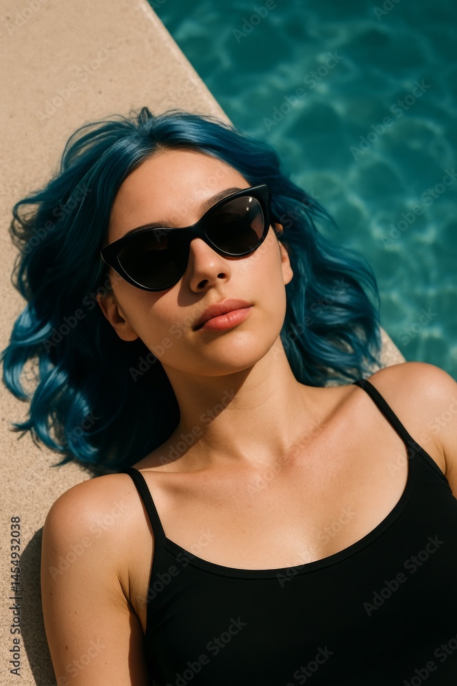 Young Woman With Blue Hair Relaxing by the Pool on a Sunny Day Wearing Stylish Sunglasses Young Woman With Blue Hair Relaxing by the Pool on a Sunny Day Wearing Stylish Sunglasses