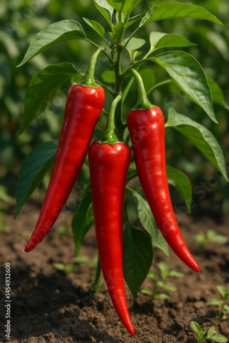 Red Chili Peppers Growing in a Lush Garden During the Afternoon Sunlight