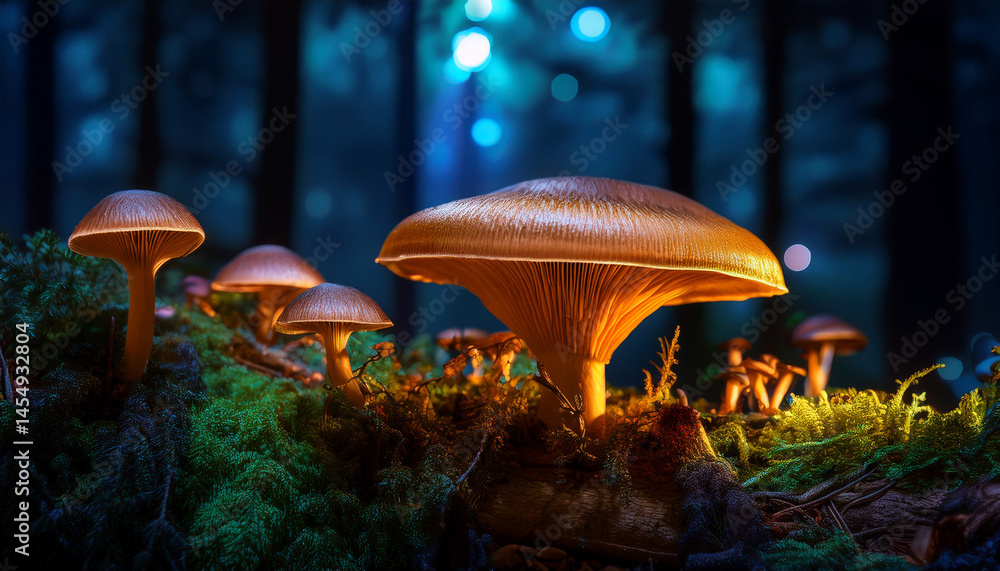 Fototapeta premium bioluminescent mushrooms in the dark of the forest brown fungal growth
