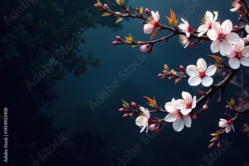 Intricate sakura branch pattern, white blossoms on dark background, cherry, tree, modern
