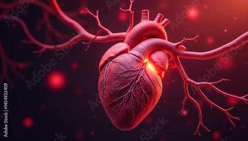 Intricate network of heart vessels, vibrant red hues, disease, vital, cardiovascular