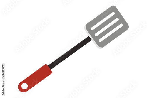Illustration of a gray slotted spatula with red handle on white background