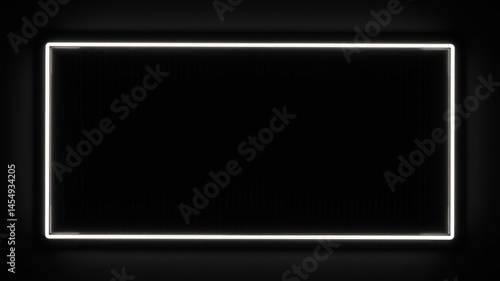 Minimalist rectangular neon frame glowing against black backdrop with spacious copy area