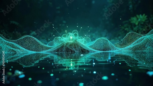 Cyan to green gradient wireframe bank floating on a virtual pond, creating a serene and futuristic atmosphere