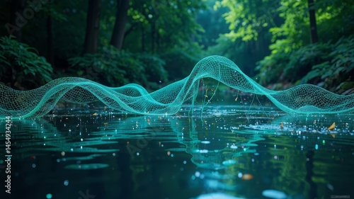 Cyan to green gradient wireframe bank on a tranquil virtual pond with stunning reflections and particle effects